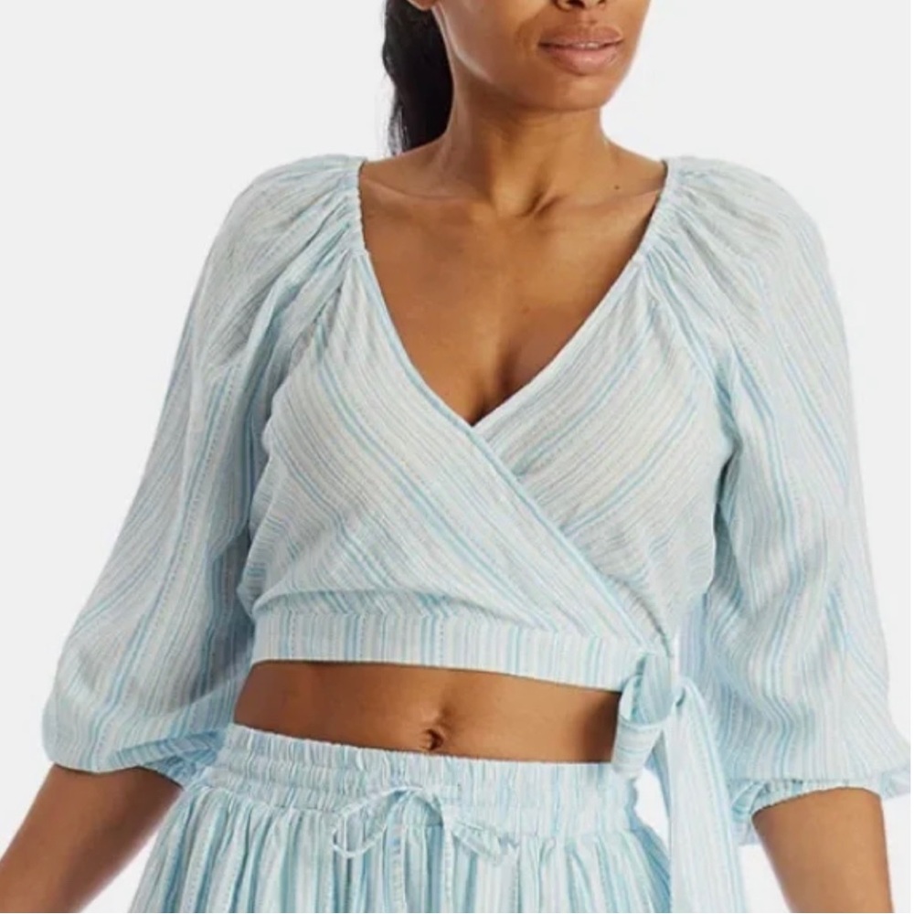 BCBGENERATION Blue and White Striped Tie Side Faux Wrap Crop Top Size M